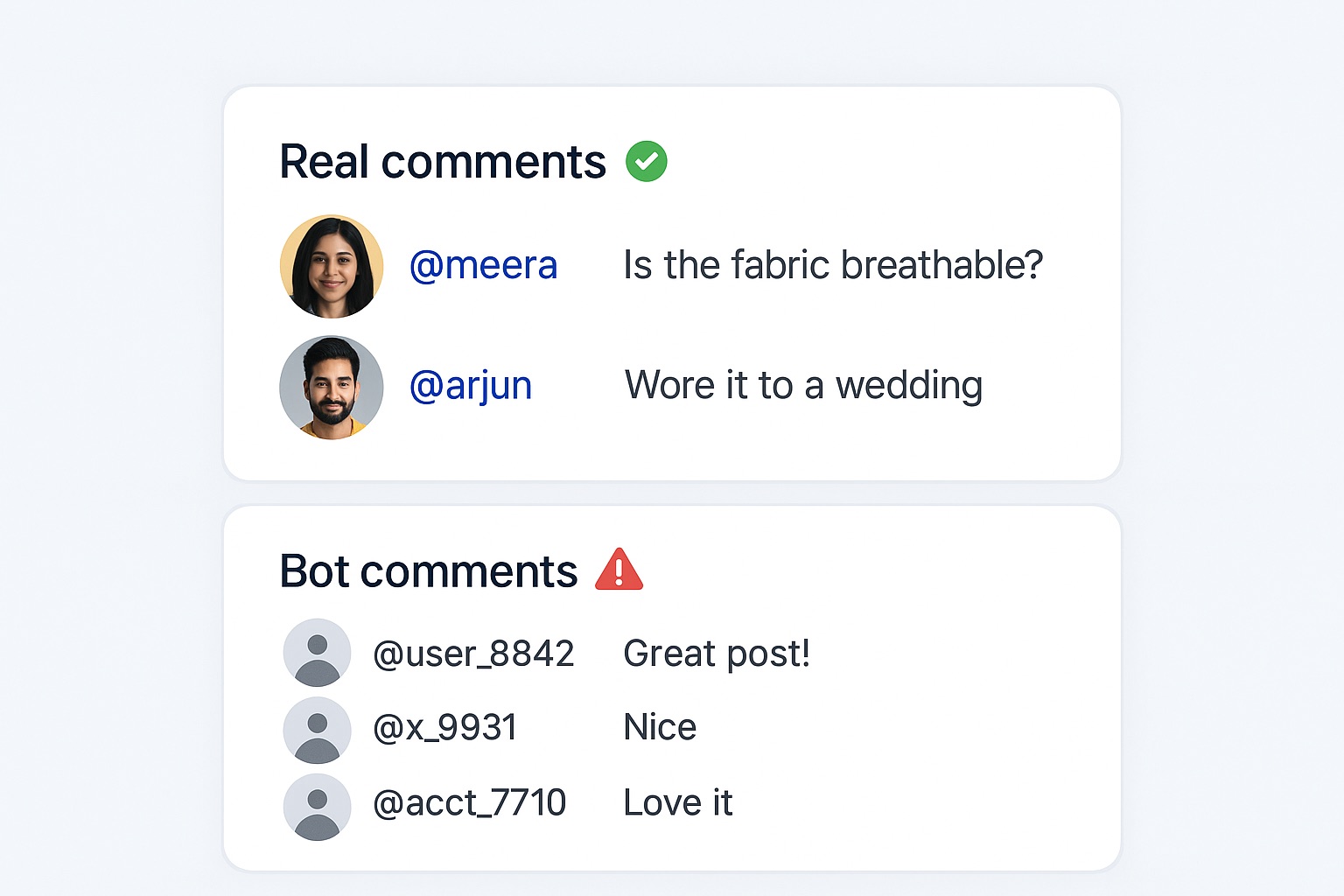Comment quality panel contrasting specific human comments with generic bot replies