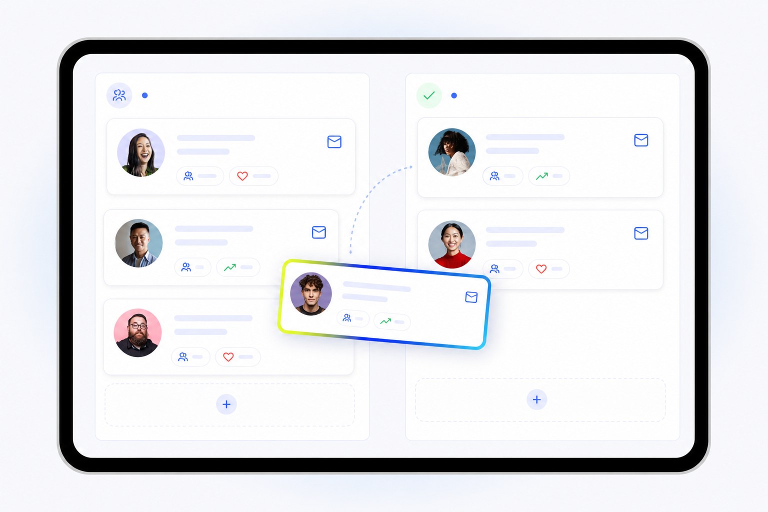 Approval board with creator cards moving from shortlist to approved