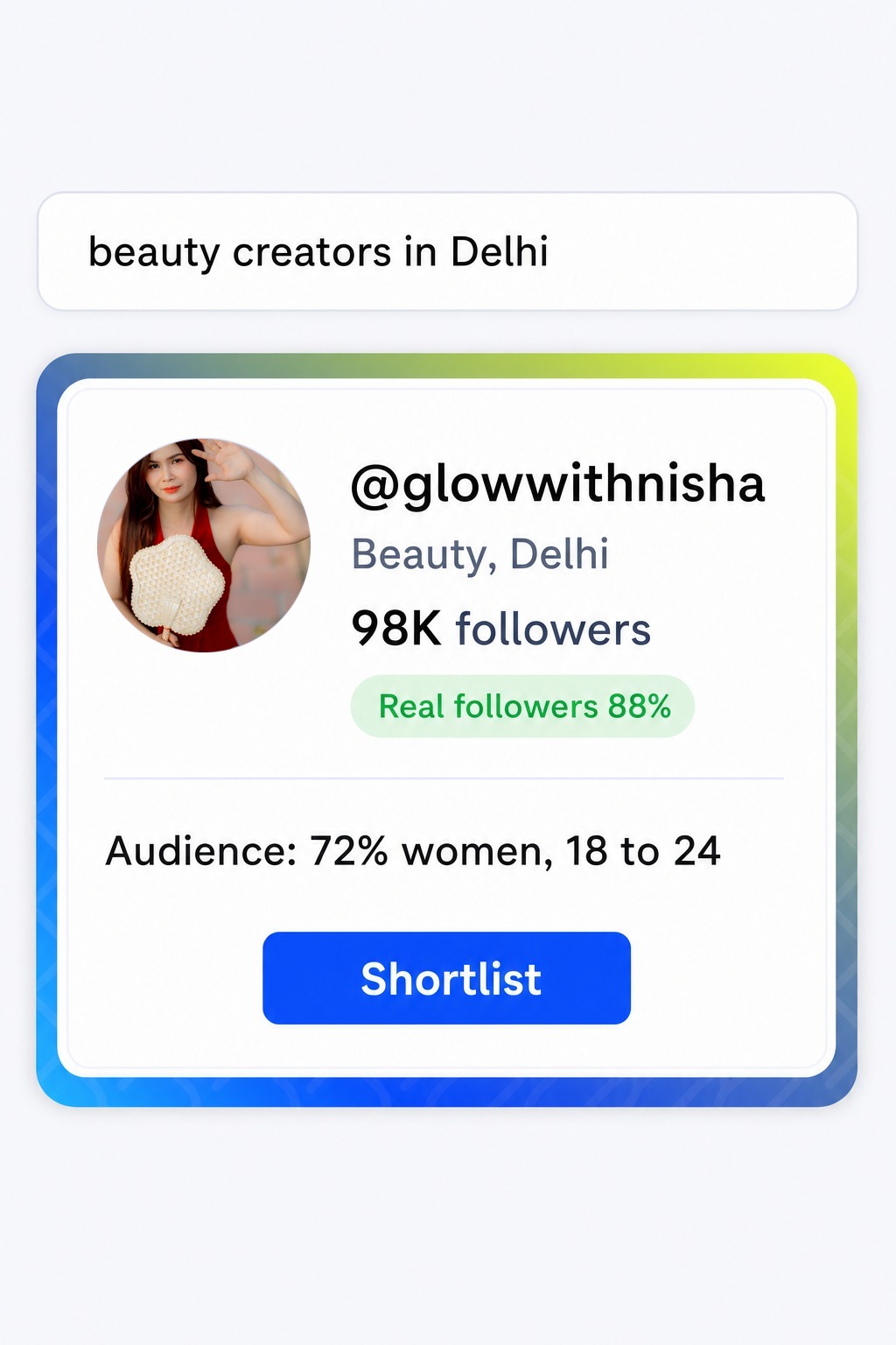 A creator search in CultureX. Every profile shows the real follower percentage before you spend anything.
