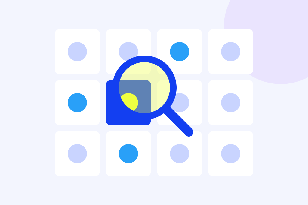 Magnifying glass over a grid of creator profiles, illustrating influencer discovery